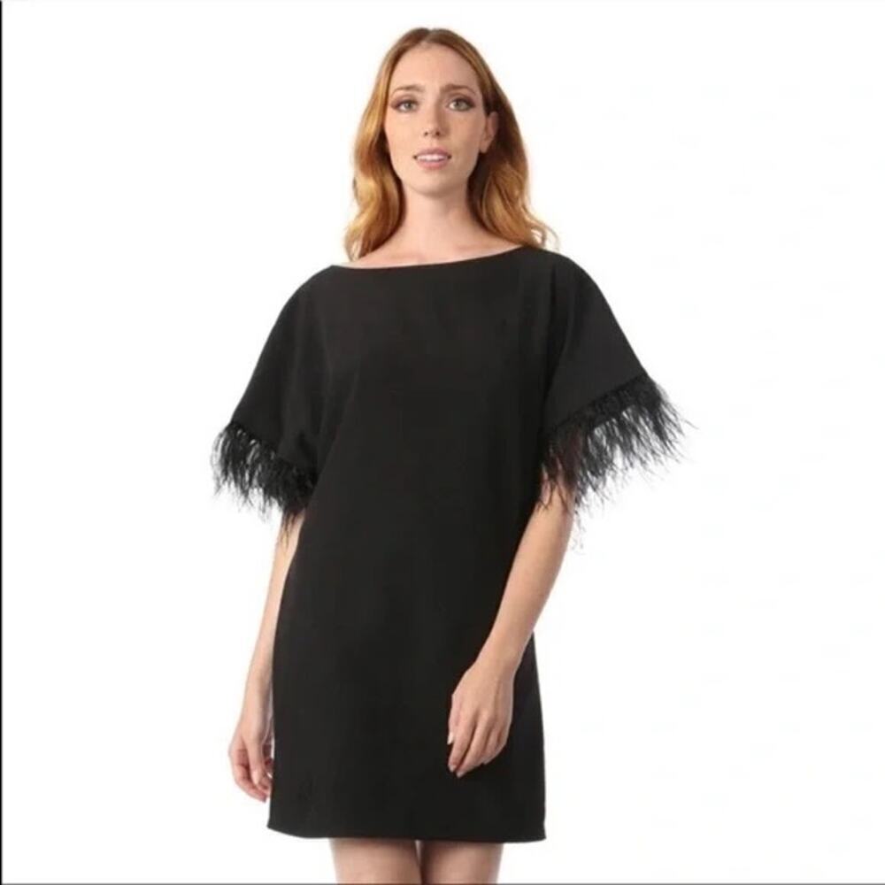NWT Jay Goddfrey Feather Trim Sleeve Mini Dress Women's Black Size 2